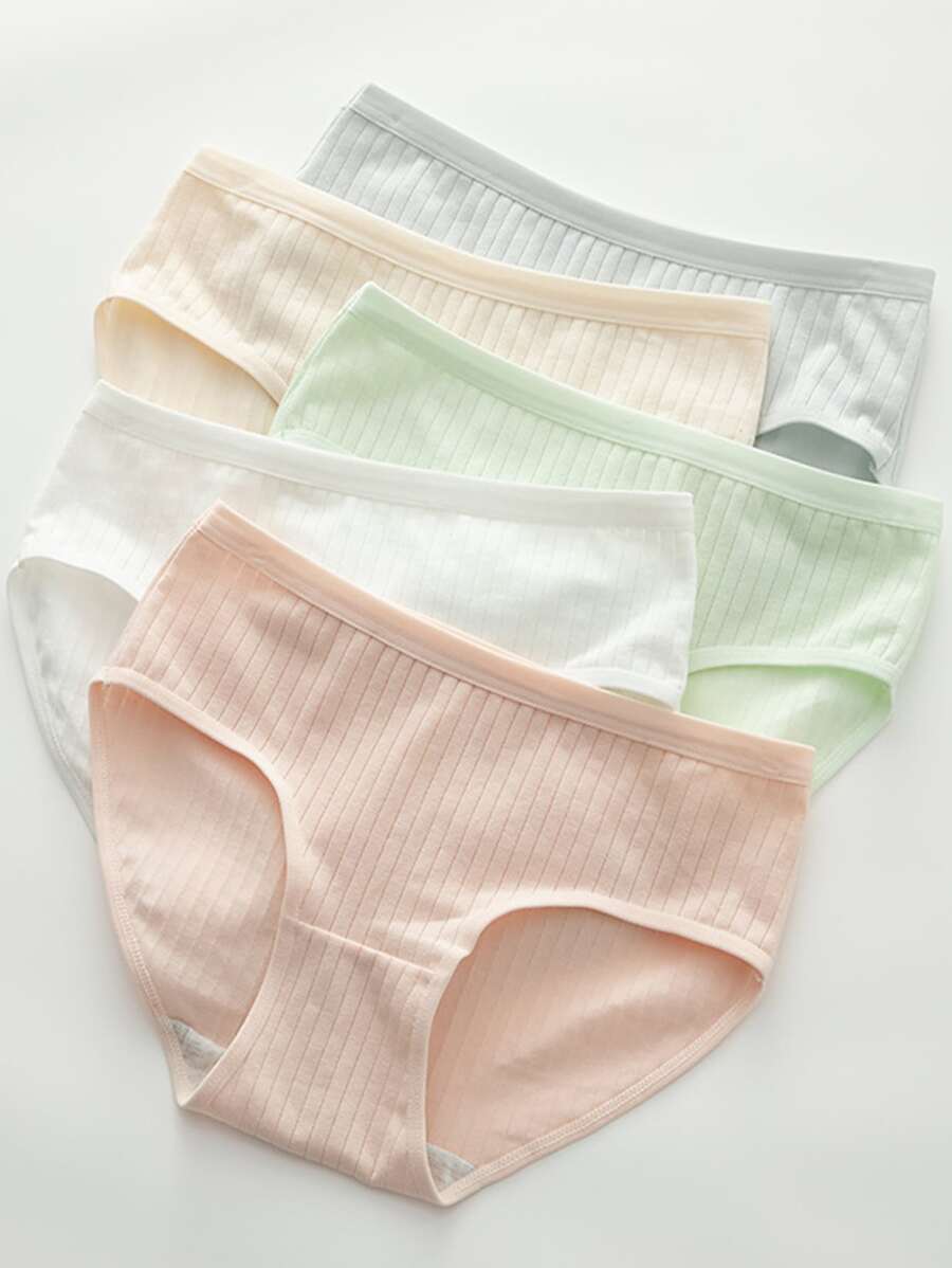 Simple Solid Color Underwear Women's Mid-Waist Breathable Thin Brief Breathable Antibacterial 5Pcs - Multicolor - View 1