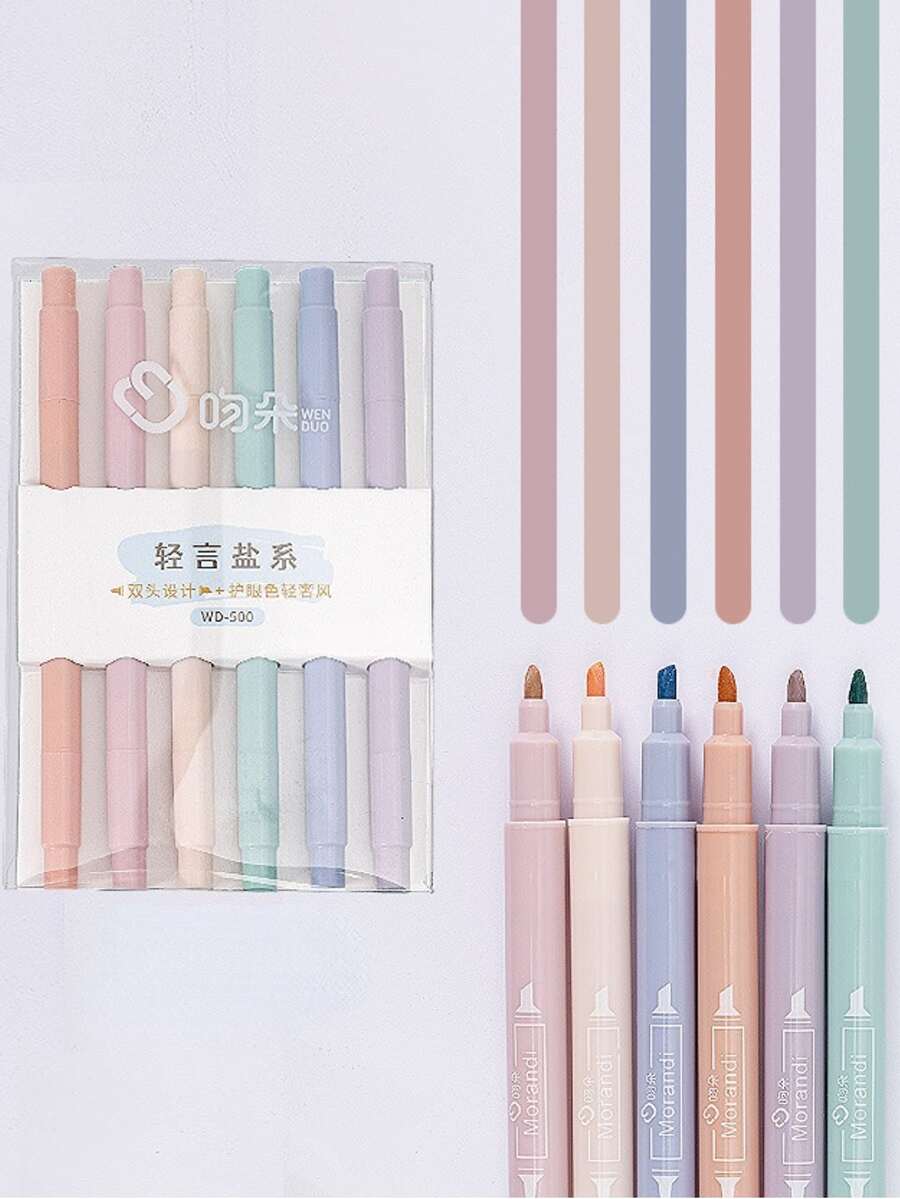 6入組馬卡龍莫蘭迪螢光筆,用於加粗加亮雙頭簽名筆,學生和辦公室文具 - 彩色 - 查看 1