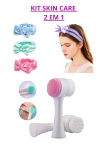 Kit Skin Care 2 Em 1 Limpeza Facial Escova de Limpeza Mais Faixa De Cabelo Laços Cores Sortidas - Multicolorido - Visão 3