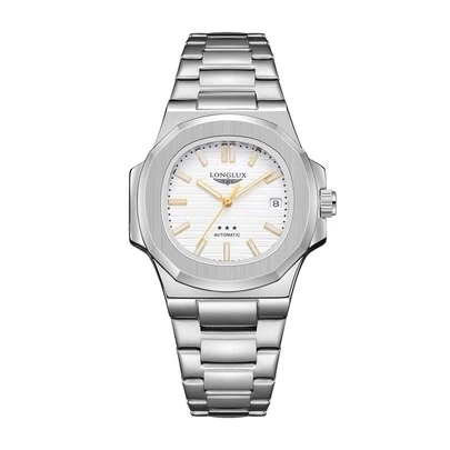 LONGLUX 1pc Men's Automatic Mechanical Calendar Date Stainless Steel Band Butterfly Buckle Wristwatch, Fashion Watch