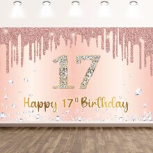 Dienalls Happy 17th Birthday Banner Backdrop Decorations for Girls - Multicolor - View 1