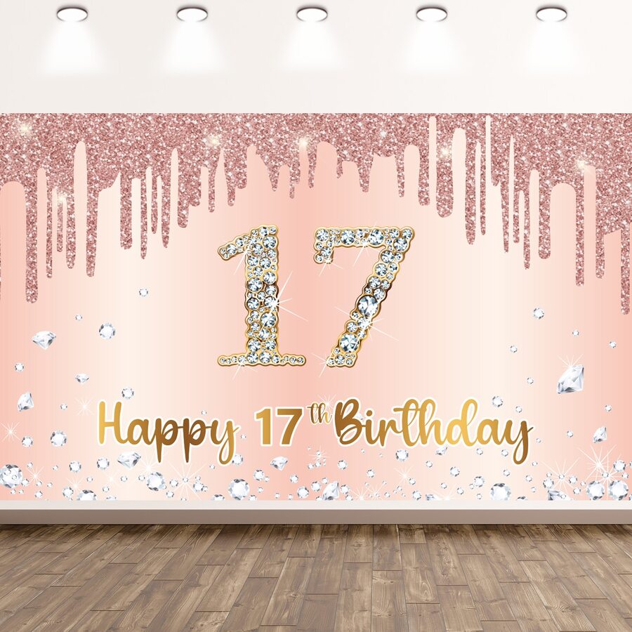 Dienalls Happy 17th Birthday Banner Backdrop Decorations for Girls - Multicolor - View 1