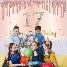 Dienalls Happy 17th Birthday Banner Backdrop Decorations for Girls - Multicolor - View 4