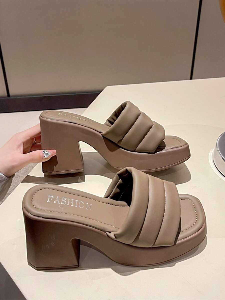 Sandalias mules de mujeres simple con grueso plataforma & grueso tacón alto - Caqui - Ver 1