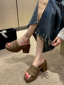 Sandalias mules de mujeres simple con grueso plataforma & grueso tacón alto - Caqui - Ver 2