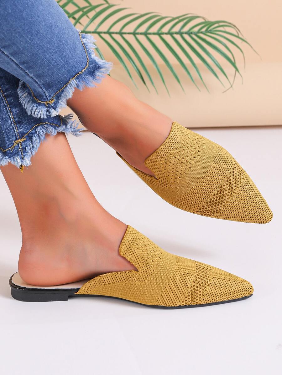 Mules planos de mujeres de moda de punta - Amarillo - Ver 1