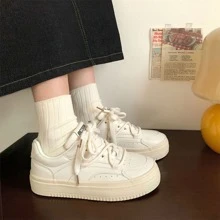Women's Lace Up Low-Top Thick Sole Sneakers With Double Shoelaces, Casual White Sport Shoes For Year-Round Wear