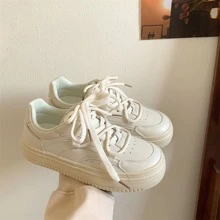 Women's Lace Up Low-Top Thick Sole Sneakers With Double Shoelaces, Casual White Sport Shoes For Year-Round Wear