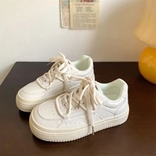 Women's Lace Up Low-Top Thick Sole Sneakers With Double Shoelaces, Casual White Sport Shoes For Year-Round Wear