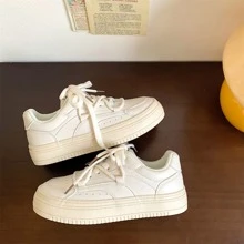 Women's Lace Up Low-Top Thick Sole Sneakers With Double Shoelaces, Casual White Sport Shoes For Year-Round Wear