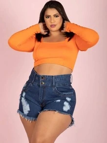 Short Jeans Plus Size Hot-Paint   Barra Desfiado - Azul Marinho - Visão 1
