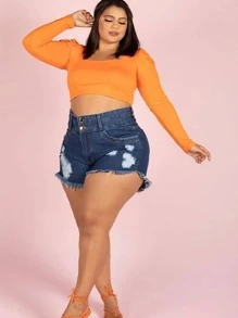 Short Jeans Plus Size Hot-Paint   Barra Desfiado - Azul Marinho - Visão 4