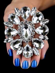 Ins透明鑽石亞克力大圓石開口戒指裝飾女性水晶大圓圈可調節指環珠寶 - 銀色 - 查看 1