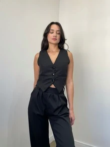 Kit Conjunto Feminino Elegante Premium Alfaiataria Calça Pantalona Preta Cintura Alta E Colete Cropped Preto Botões Forrado Chic Elegante Conjunto Formal Casual Fashonista Old Money