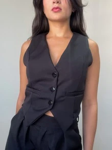 Kit Conjunto Feminino Elegante Premium Alfaiataria Calça Pantalona Preta Cintura Alta E Colete Cropped Preto Botões Forrado Chic Elegante Conjunto Formal Casual Fashonista Old Money