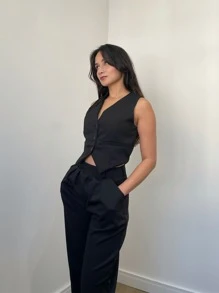 Kit Conjunto Feminino Elegante Premium Alfaiataria Calça Pantalona Preta Cintura Alta E Colete Cropped Preto Botões Forrado Chic Elegante Conjunto Formal Casual Fashonista Old Money