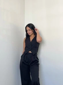 Kit Conjunto Feminino Elegante Premium Alfaiataria Calça Pantalona Preta Cintura Alta E Colete Cropped Preto Botões Forrado Chic Elegante Conjunto Formal Casual Fashonista Old Money