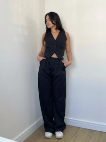 Kit Conjunto Feminino Elegante Premium Alfaiataria Calça Pantalona Preta Cintura Alta E Colete Cropped Preto Botões Forrado Chic Elegante Conjunto Formal Casual Fashonista Old Money