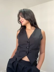 Kit Conjunto Feminino Elegante Premium Alfaiataria Calça Pantalona Preta Cintura Alta E Colete Cropped Preto Botões Forrado Chic Elegante Conjunto Formal Casual Fashonista Old Money
