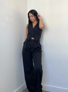 Kit Conjunto Feminino Elegante Premium Alfaiataria Calça Pantalona Preta Cintura Alta E Colete Cropped Preto Botões Forrado Chic Elegante Conjunto Formal Casual Fashonista Old Money