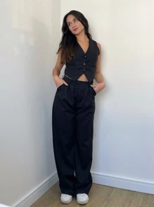 Kit Conjunto Feminino Elegante Premium Alfaiataria Calça Pantalona Preta Cintura Alta E Colete Cropped Preto Botões Forrado Chic Elegante Conjunto Formal Casual Fashonista Old Money