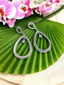 Arracadas Grandes Forma de Gota con Piedras Brillantes para Mujer - Plateado - Ver 3