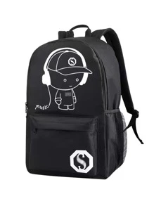 新款黑色發光卡通印花時尚背包書包書包書包筆記本電腦背包返校大學必需品隨身背包大容量功能性 - 黑色 - 查看 2