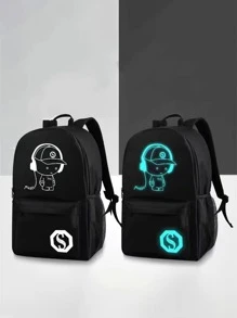 新款黑色發光卡通印花時尚背包書包書包書包筆記本電腦背包返校大學必需品隨身背包大容量功能性 - 黑色 - 查看 3