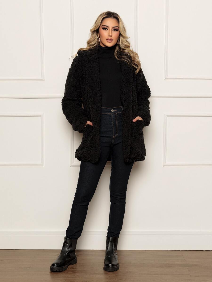 Women Faux Fur Coats - Black - View 1