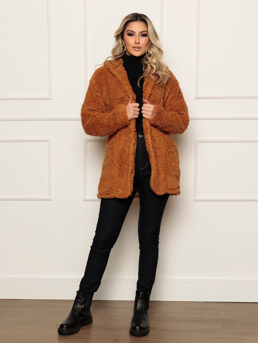 Women Faux Fur Coats - Khaki - View 1