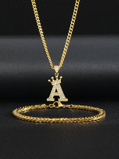 一套时尚字母项链和手链套装，不锈钢材质，适合儿童派对佩戴和日常装饰