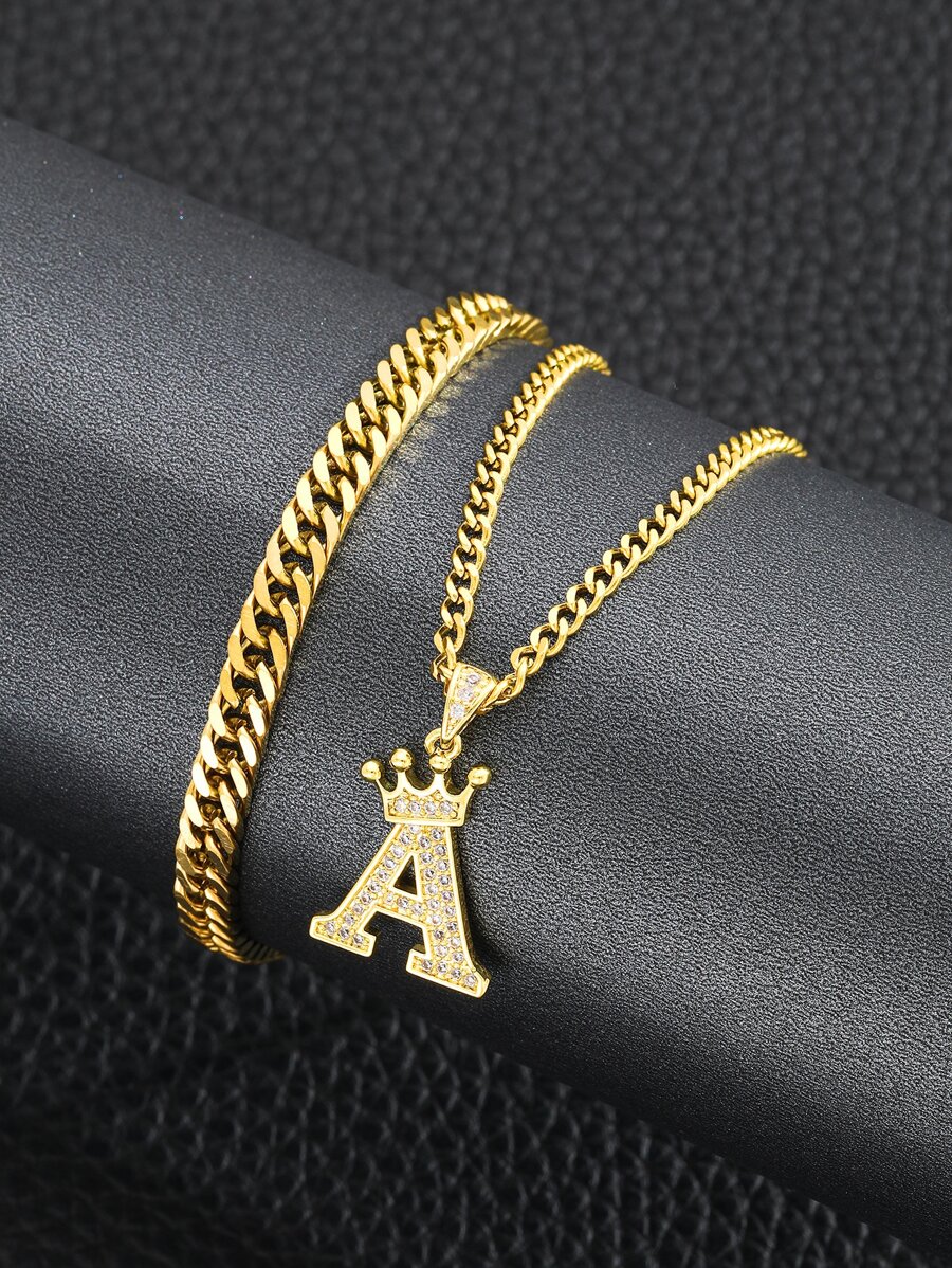 1 Pc Fashion Initial Letter Necklace & Chain Bracelet Set Stainless ...