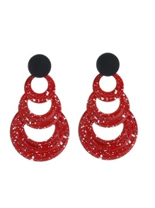 1對時尚復古幾何多層圓形吊墜耳環,適合女性 - 紅色 - 查看 3