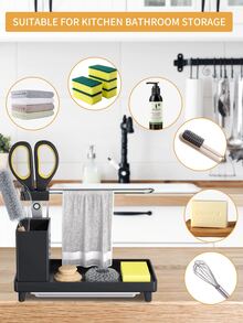 Kitchen Sink Caddy Organizer - With Stainless Towel Shelf Multifunctional Washing up Organizer,For Kitchen Storage Bathroom & Countertop(Black) - 黑色 - 查看 3