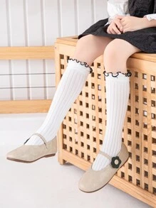1 Pair White Girls' Straight Tube Socks With Frill Cuff, Suitable For Daily Wear All Year Round - White - View 4