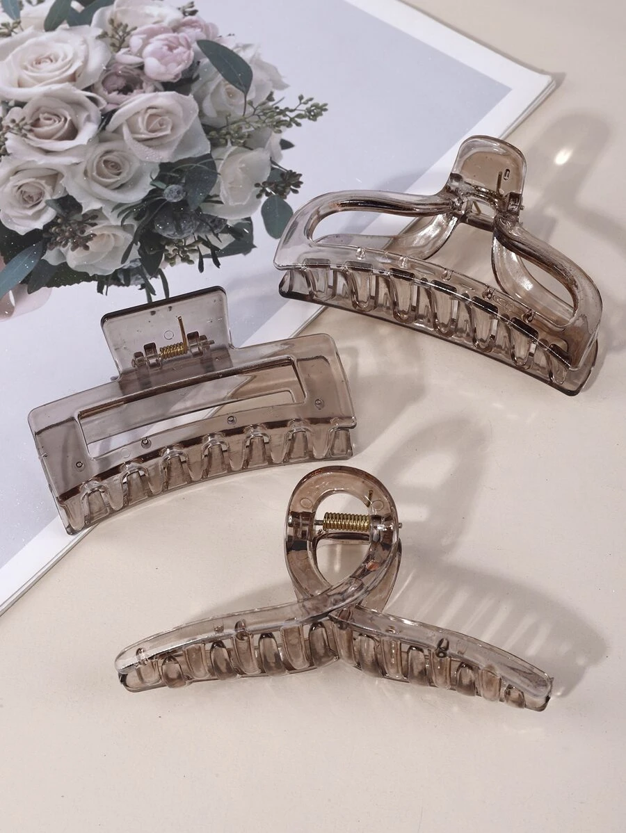 3pcs Women's Plastic Large Hair Claw Clips, Suitable For Daily Use - Coffee - View 1