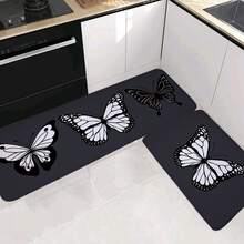 1pc Black Butterfly Pattern Kitchen Mat, Skin-friendly, Comfortable, Anti-slip Absorbent, Thick Long Kitchen Carpet, Anti-fatigue Kitchen Mat, Foam Mat, Suitable For Kitchen, Office, Sink Area - Multicolor - View 5