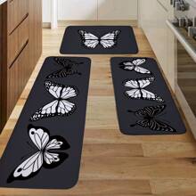 1pc Black Butterfly Pattern Kitchen Mat, Skin-friendly, Comfortable, Anti-slip Absorbent, Thick Long Kitchen Carpet, Anti-fatigue Kitchen Mat, Foam Mat, Suitable For Kitchen, Office, Sink Area - Multicolor - View 1