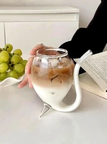 1pc Transparent Glass High Foot Coffee & Cold Drink Cup With Straw, 300ml - Clear - View 3