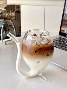 1pc Transparent Glass High Foot Coffee & Cold Drink Cup With Straw, 300ml - Clear - View 6