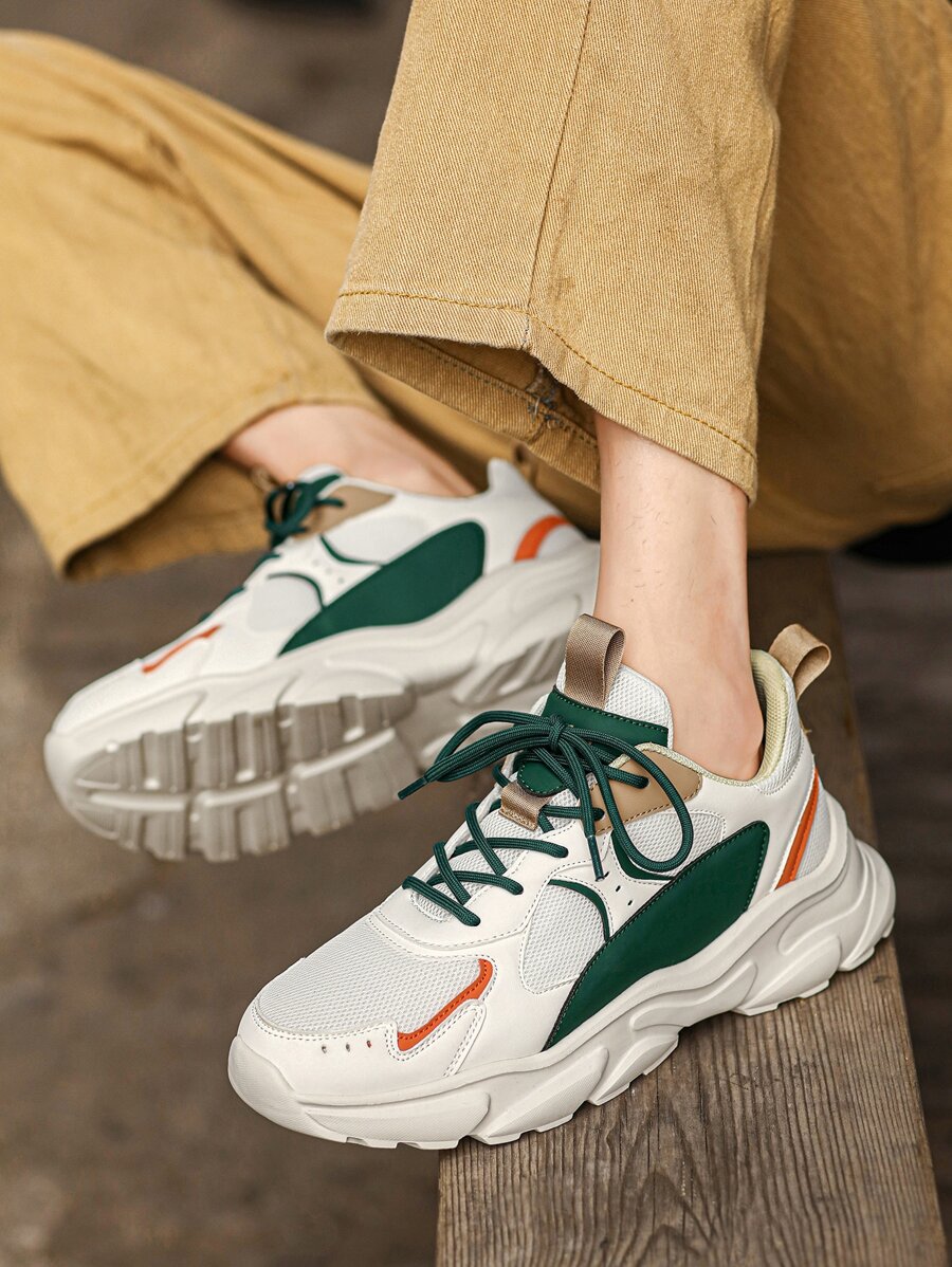 Giày thể thao buộc dây phía trước Colorblock cho nam, Giày thể thao chunky ngoài trời thể thao - trắng - Xem 1