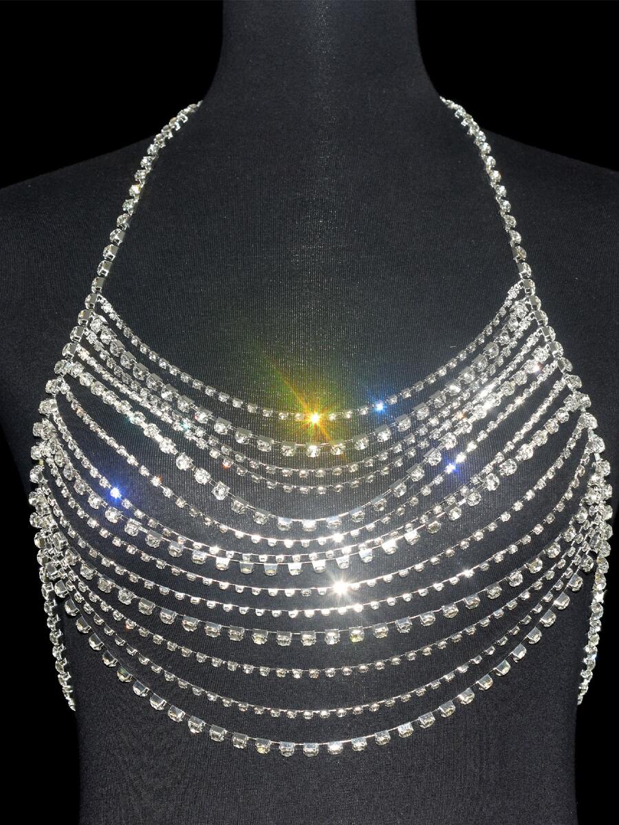 1pc Large and Small Rhinestone Bra Chain Decoration Fashion Shiny Body Chain - Silver - View 1