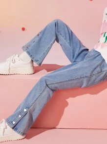 ASK JUNIOR 女孩鈕扣下擺牛仔喇叭褲 - 淺色水洗藍 - 查看 7