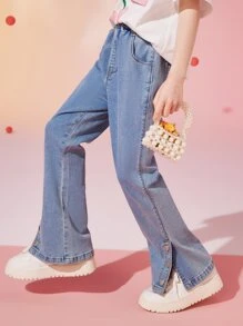 ASK JUNIOR 女孩鈕扣下擺牛仔喇叭褲 - 淺色水洗藍 - 查看 8