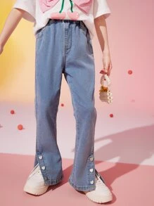 ASK JUNIOR 女孩鈕扣下擺牛仔喇叭褲 - 淺色水洗藍 - 查看 10