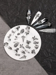 26入組復古銀色萬聖節指甲藝術珠寶合金天使心臟龍惡魔蝴蝶翅膀指甲裝飾配件 - 銀色 - 查看 1