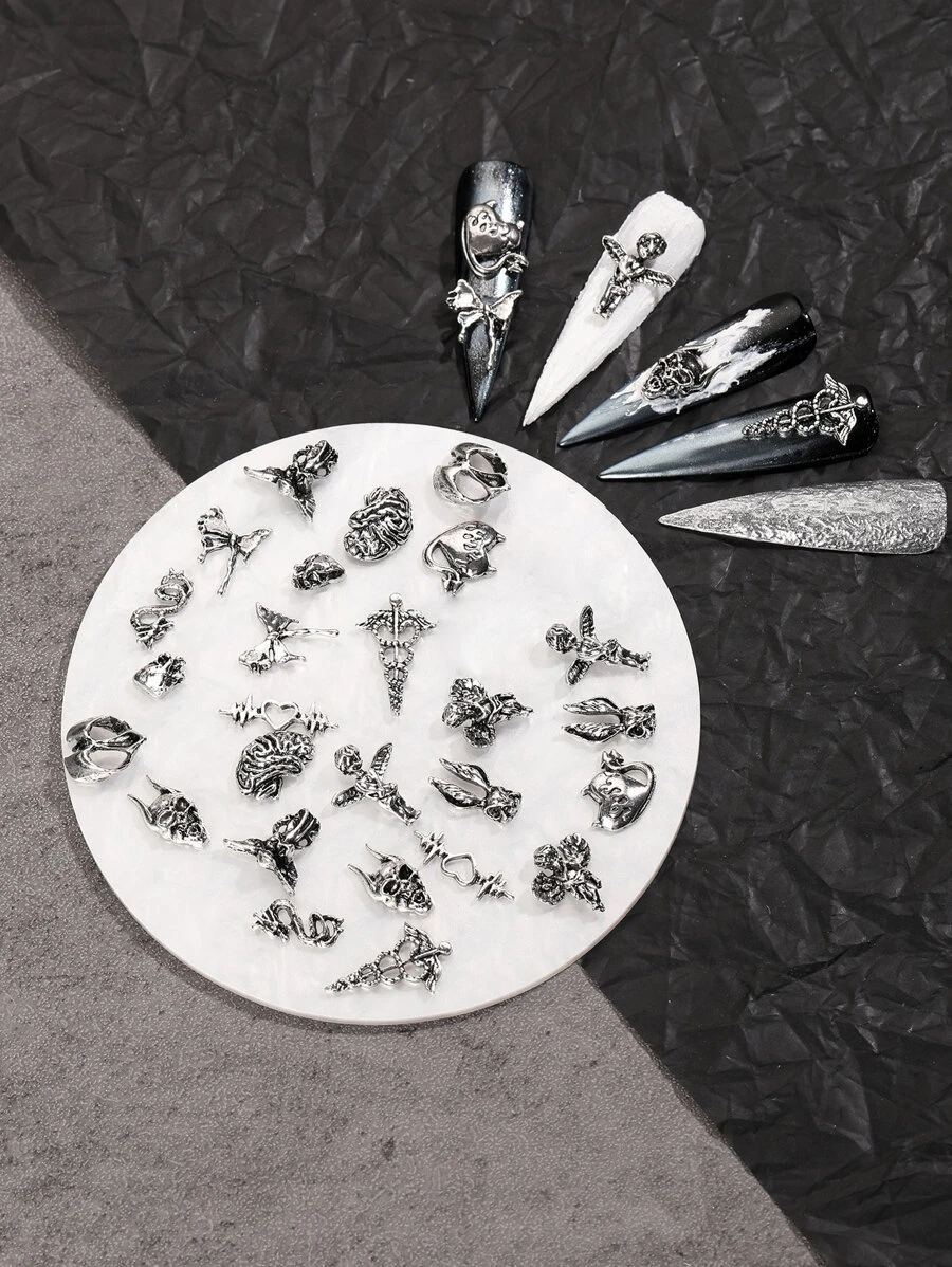 26入組復古銀色萬聖節指甲藝術珠寶合金天使心臟龍惡魔蝴蝶翅膀指甲裝飾配件 - 銀色 - 查看 1