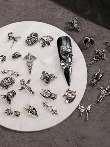 26入組復古銀色萬聖節指甲藝術珠寶合金天使心臟龍惡魔蝴蝶翅膀指甲裝飾配件 - 銀色 - 查看 3