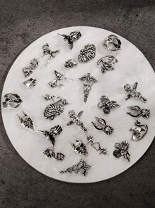 26入組復古銀色萬聖節指甲藝術珠寶合金天使心臟龍惡魔蝴蝶翅膀指甲裝飾配件 - 銀色 - 查看 2