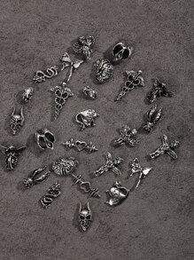 26入組復古銀色萬聖節指甲藝術珠寶合金天使心臟龍惡魔蝴蝶翅膀指甲裝飾配件 - 銀色 - 查看 4